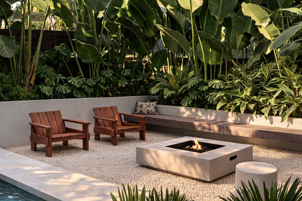 Solid wood outdoor lounge chair beside fire pit