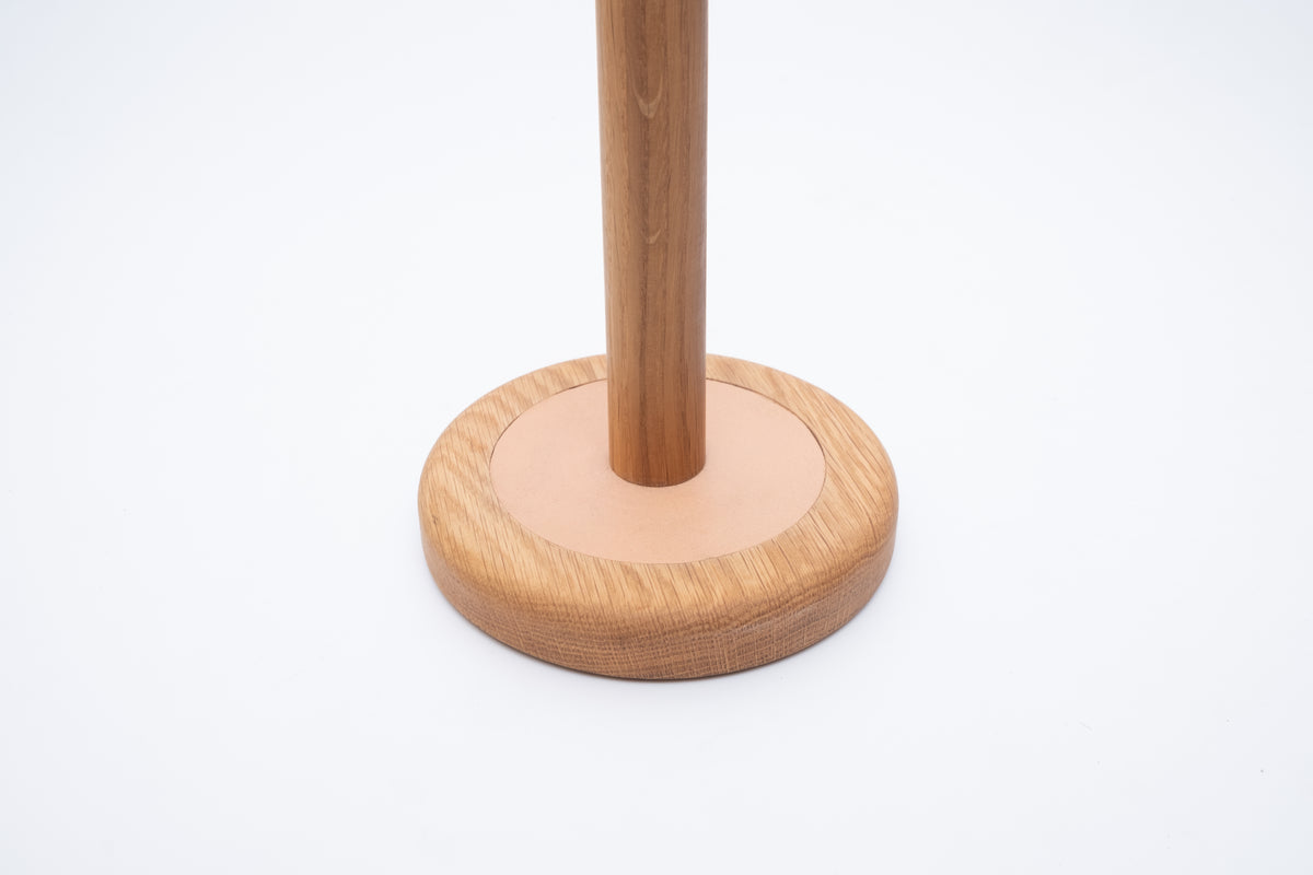 Oak paper towel holder with olive leather inlay detail