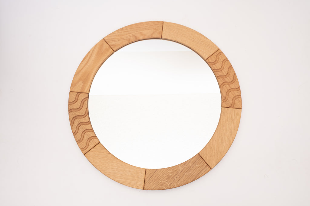 Round Wood Mirror with Ripple Pattern