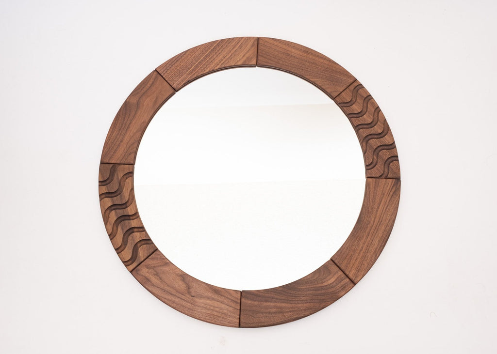 Round Wood Mirror with Ripple Pattern