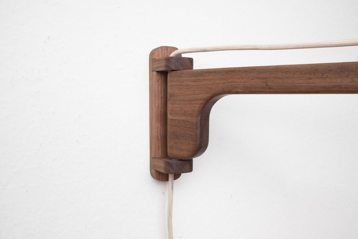 Hand-turned walnut pendant shade close up detail