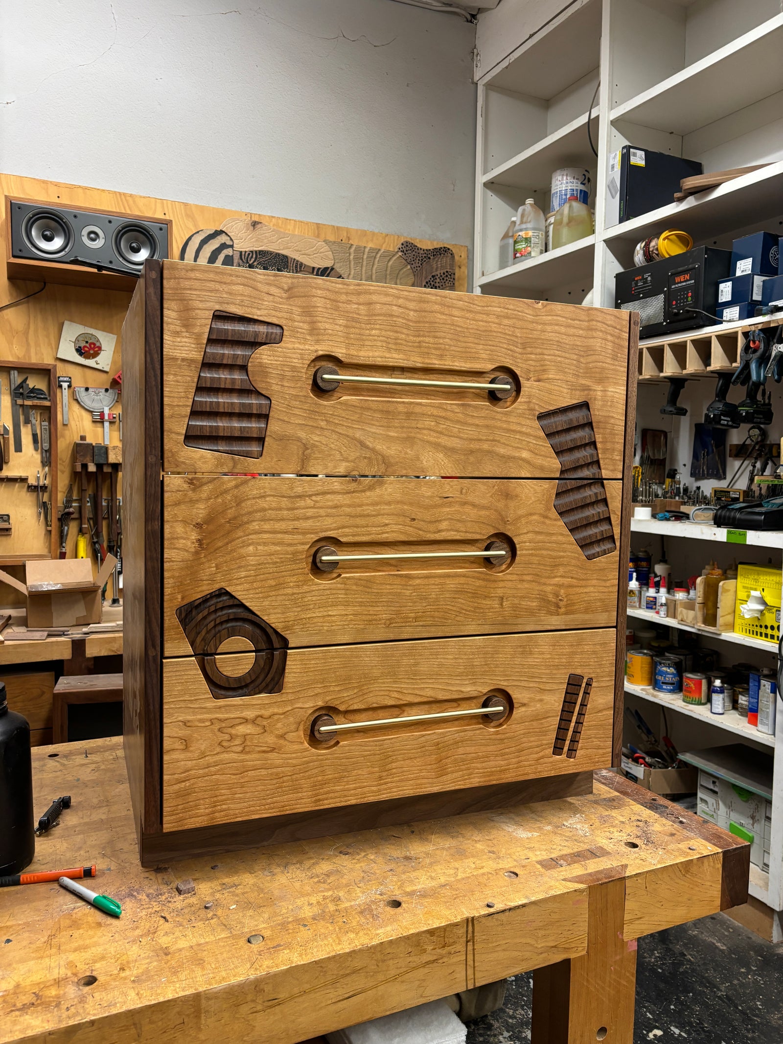 Playful Abstract Inlay Dresser with Custom Brass Pulls - 2