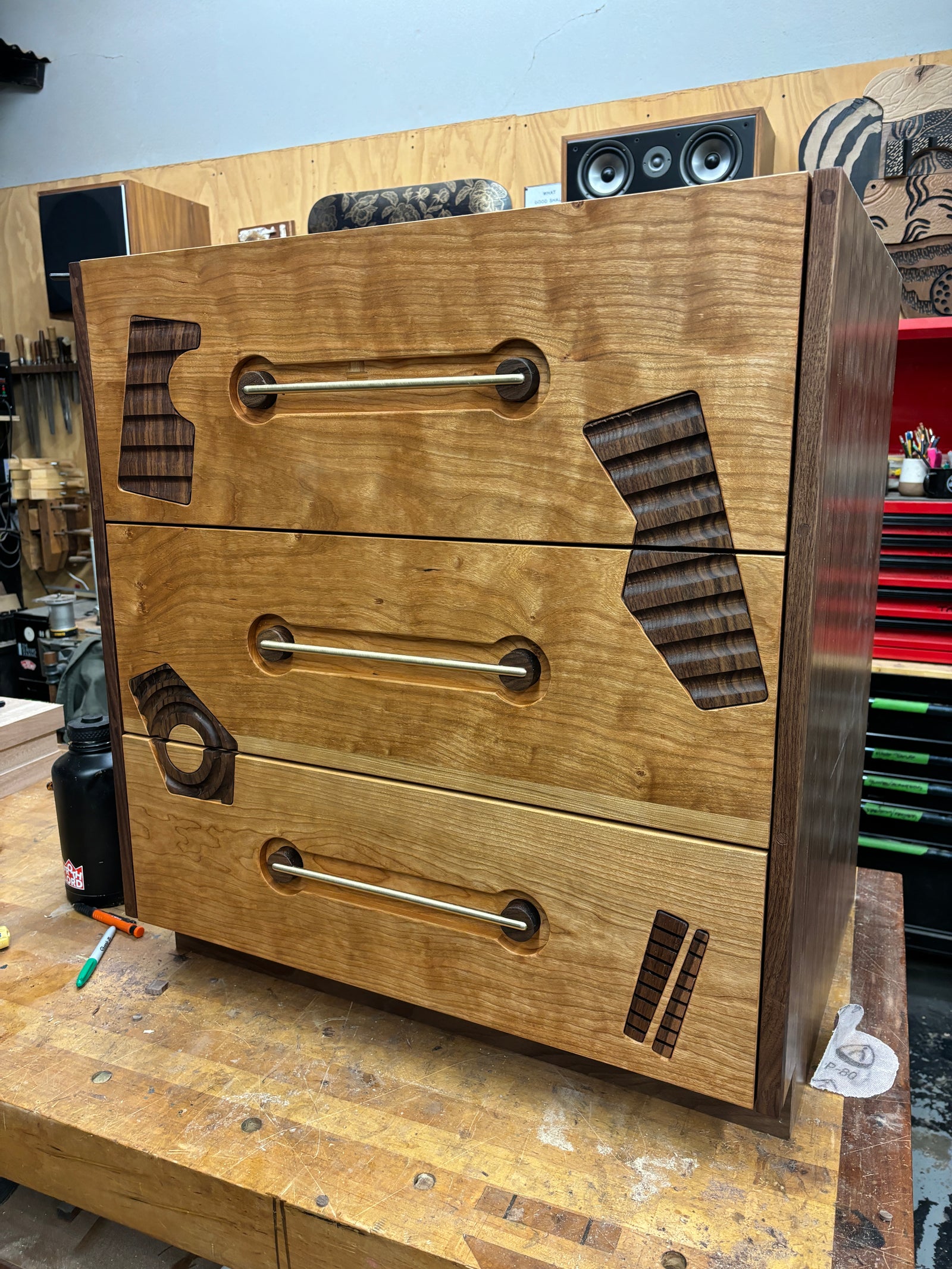 Playful Abstract Inlay Dresser with Custom Brass Pulls - 3