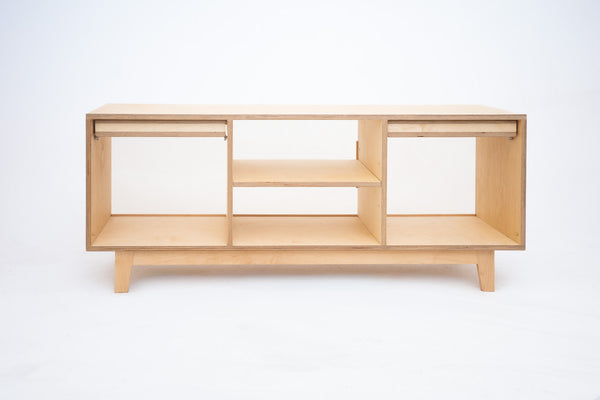 Record player console side view showing record storage below