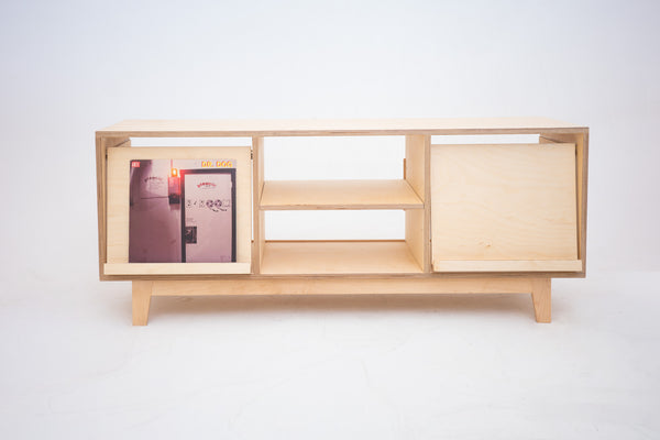 Pull-out LP display shelf detail on record console