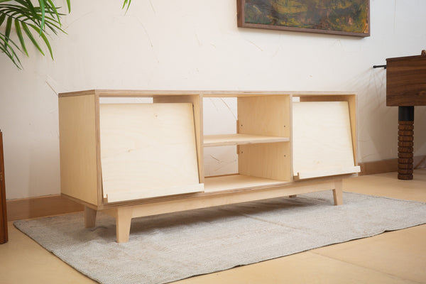 Record console with turntable on top in audiophile setup