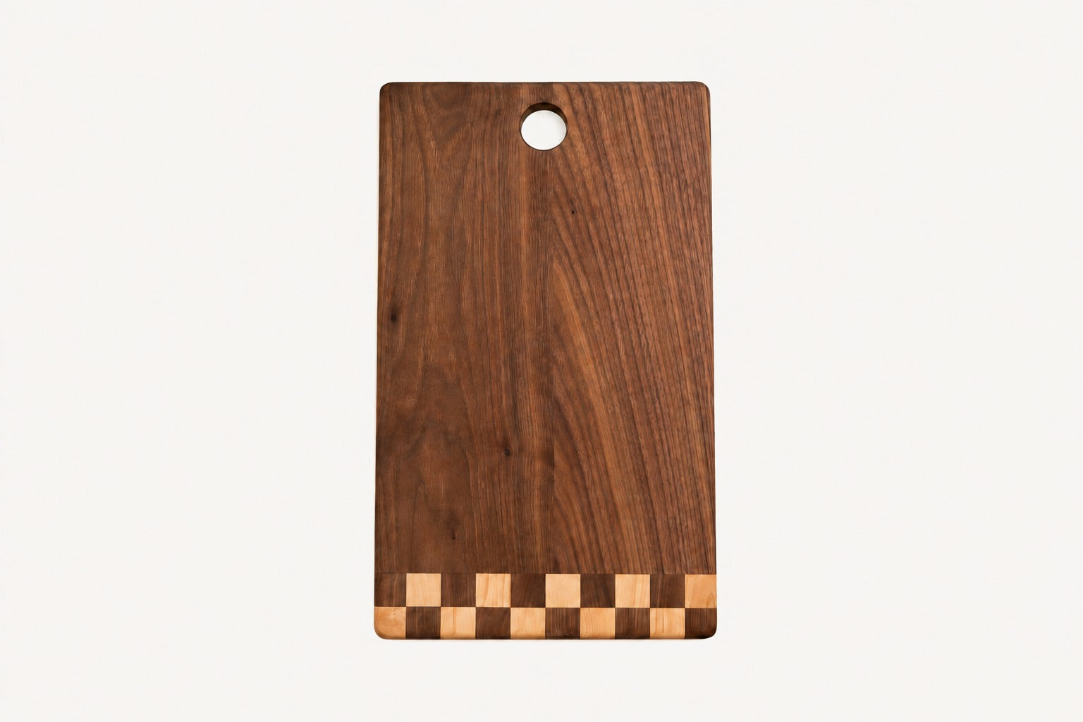 Checkered tail cutting board in maple with checkered hardwood inlay by Koppa Wood Design