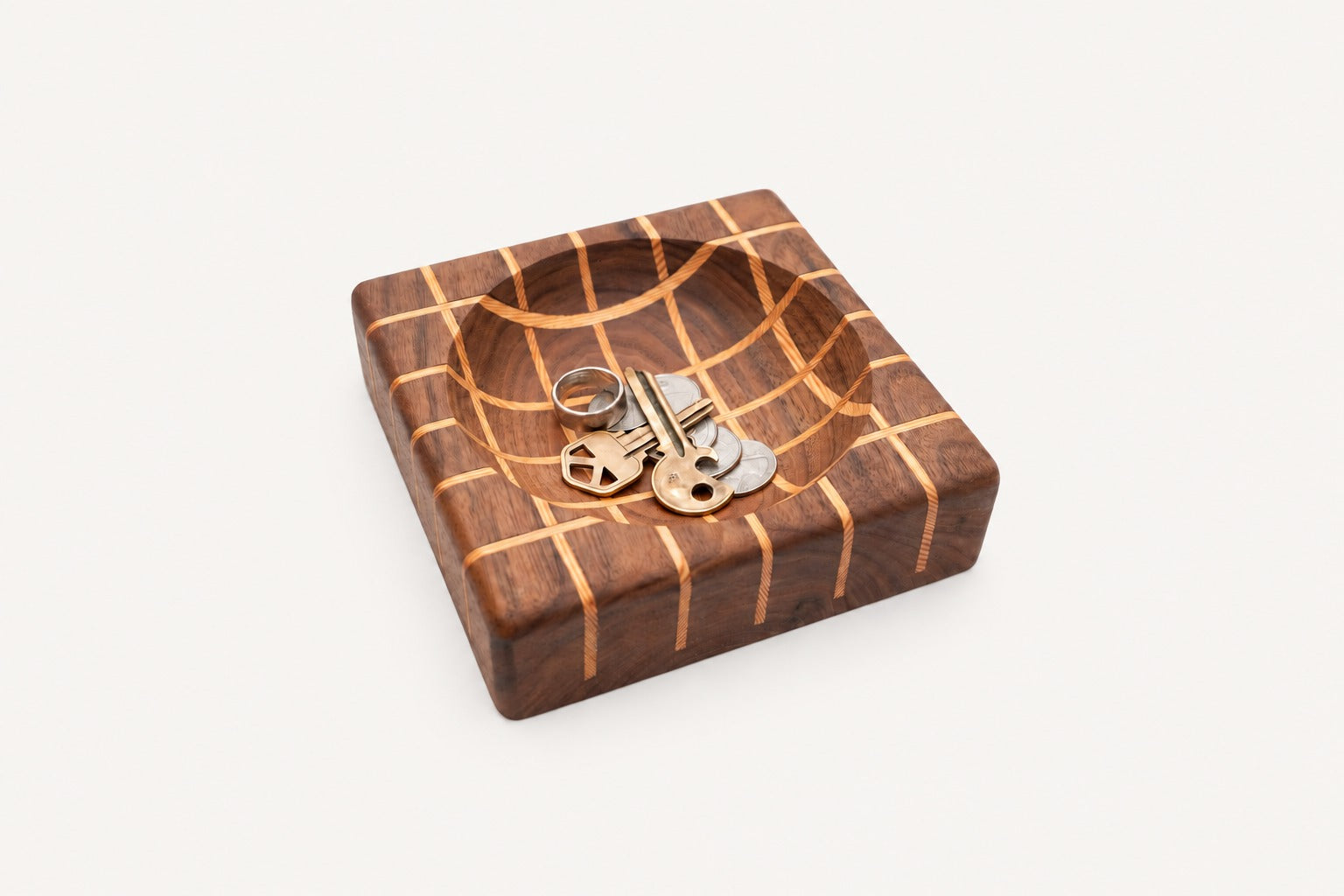 Handcrafted walnut trinket tray with maple lattice inlay by Koppa Wood Design Costa Mesa
