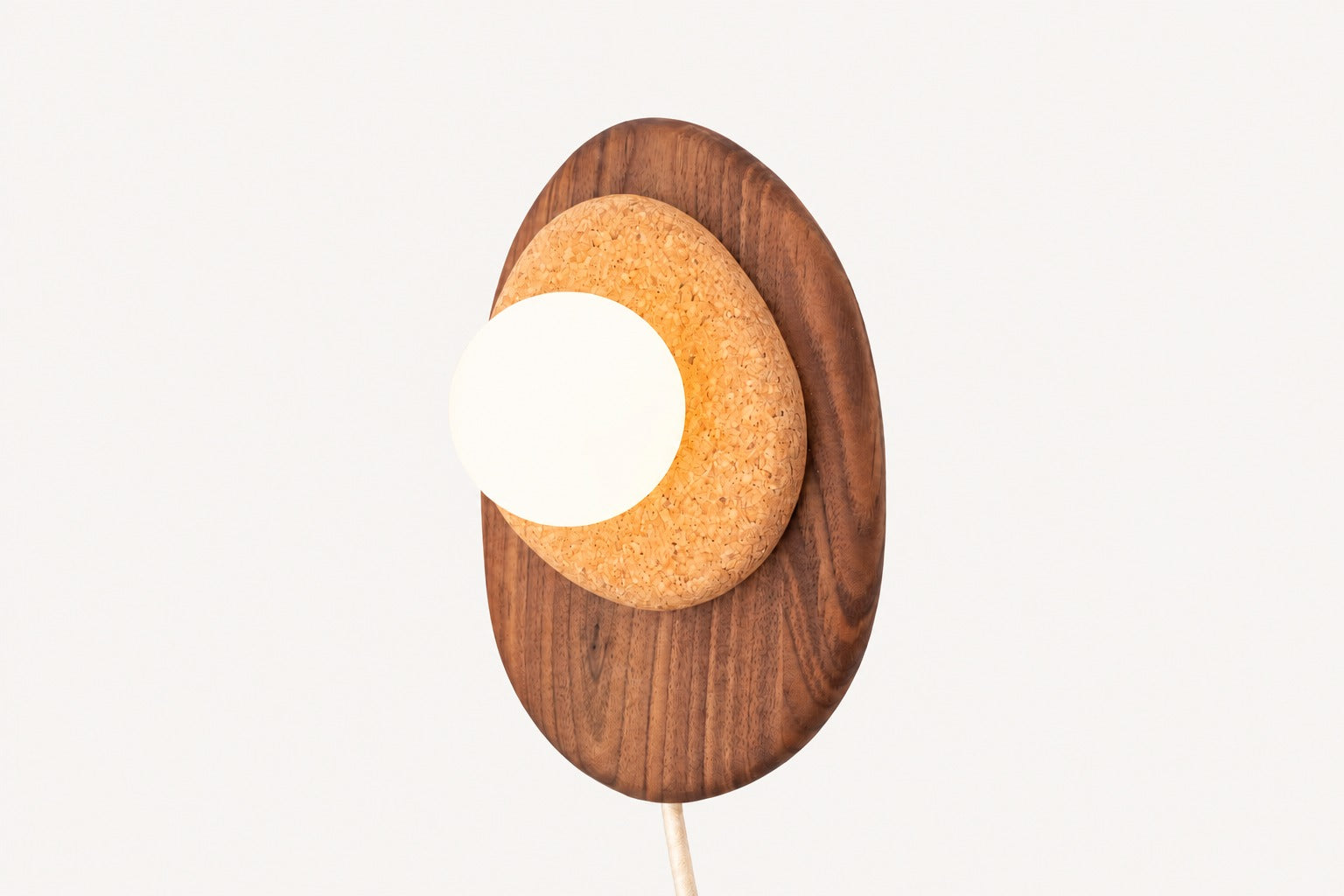 Pebble LED plug-in wall sconce set of 2 in walnut and cork