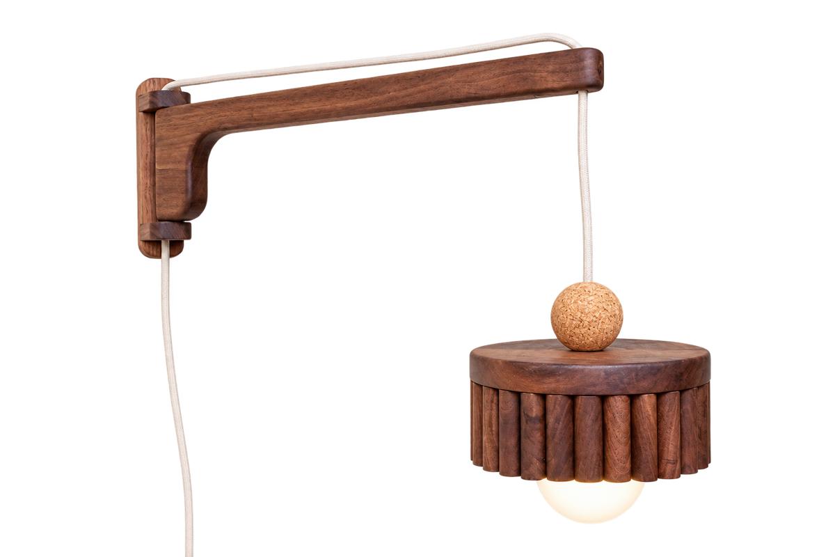 Log swing wall-mounted pendant light in walnut handmade by Koppa Wood Design